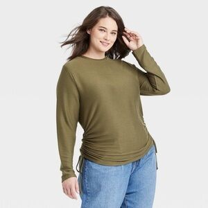 Women's Long Sleeve Round Neck Side Tie Pullover Top - A New Day - Green Large